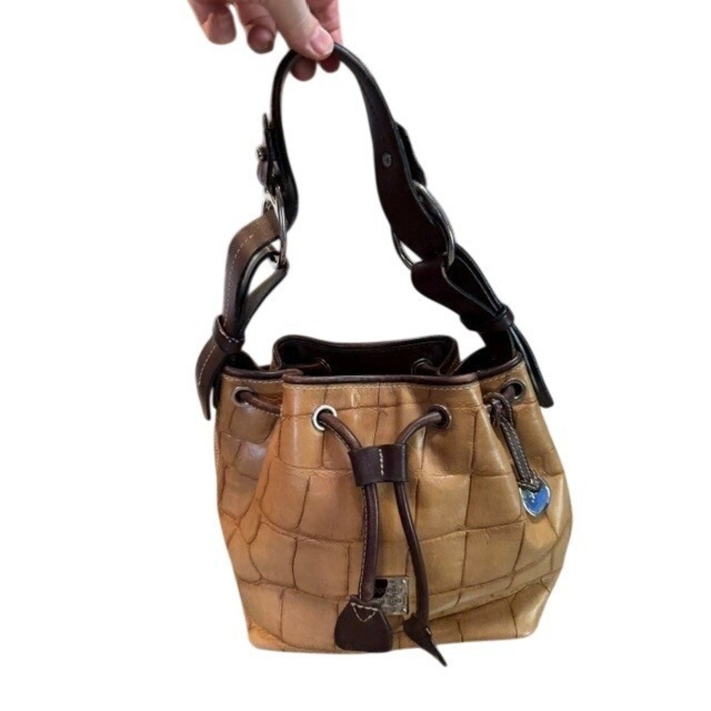 Dooney & Bourke Vintage Croc Embossed Leather Bucket Bag Drawstring EUC